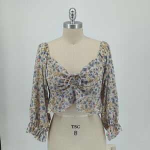 19945 Okboth Floral Ruffle Cropped Top Blue Yellow size M/L bohemian cottagecore